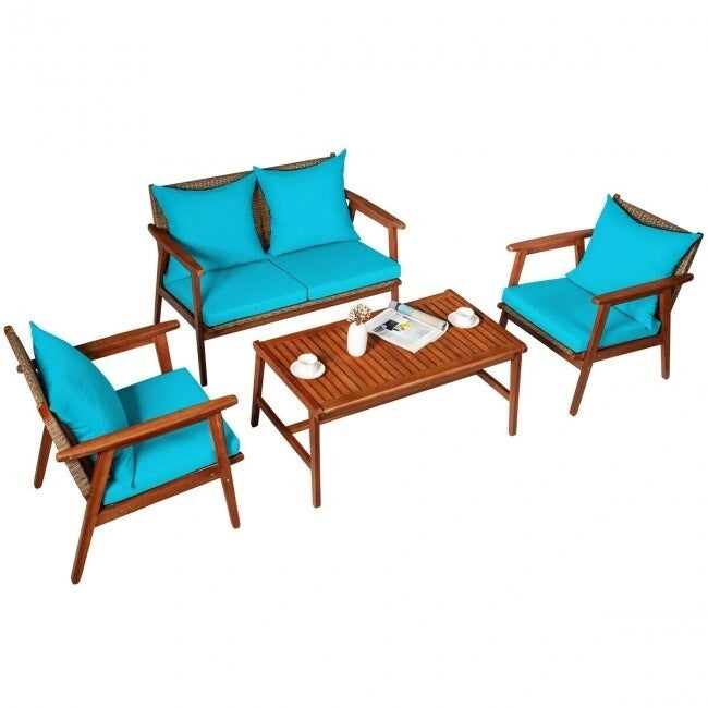 Set da esterno in rattan di acacia a 4 pezzi con cuscini - 45 x 27,5 x 29,5 (L x P x A)