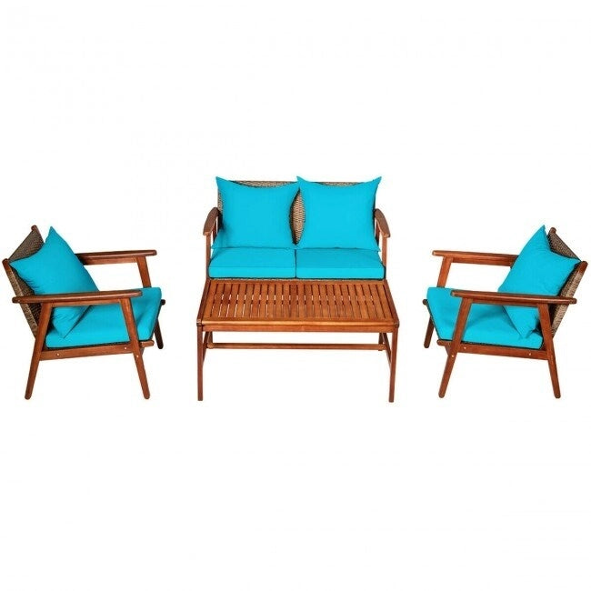 Set da esterno in rattan di acacia a 4 pezzi con cuscini - 45 x 27,5 x 29,5 (L x P x A)