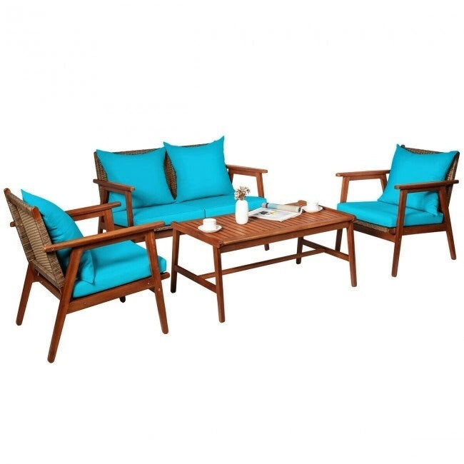 Set da esterno in rattan di acacia a 4 pezzi con cuscini - 45 x 27,5 x 29,5 (L x P x A)