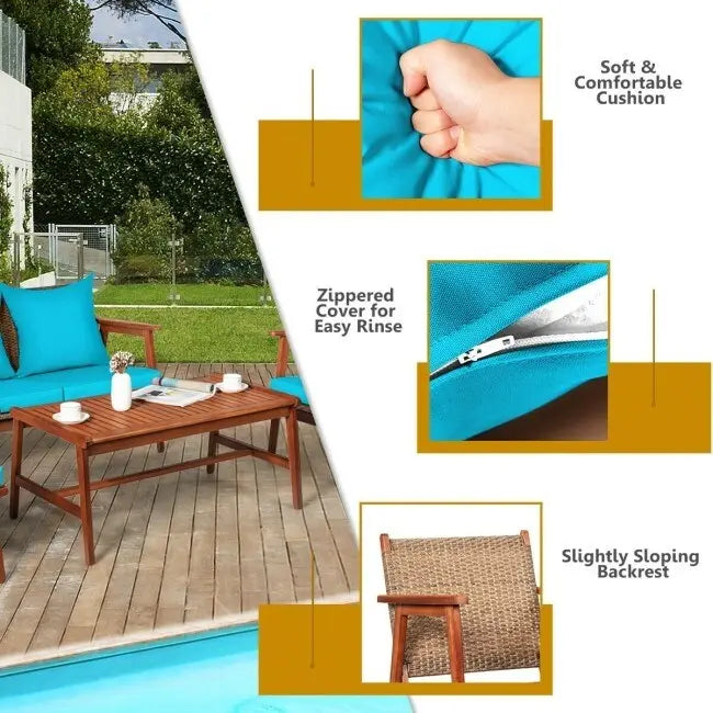 Set da esterno in rattan di acacia a 4 pezzi con cuscini - 45 x 27,5 x 29,5 (L x P x A)