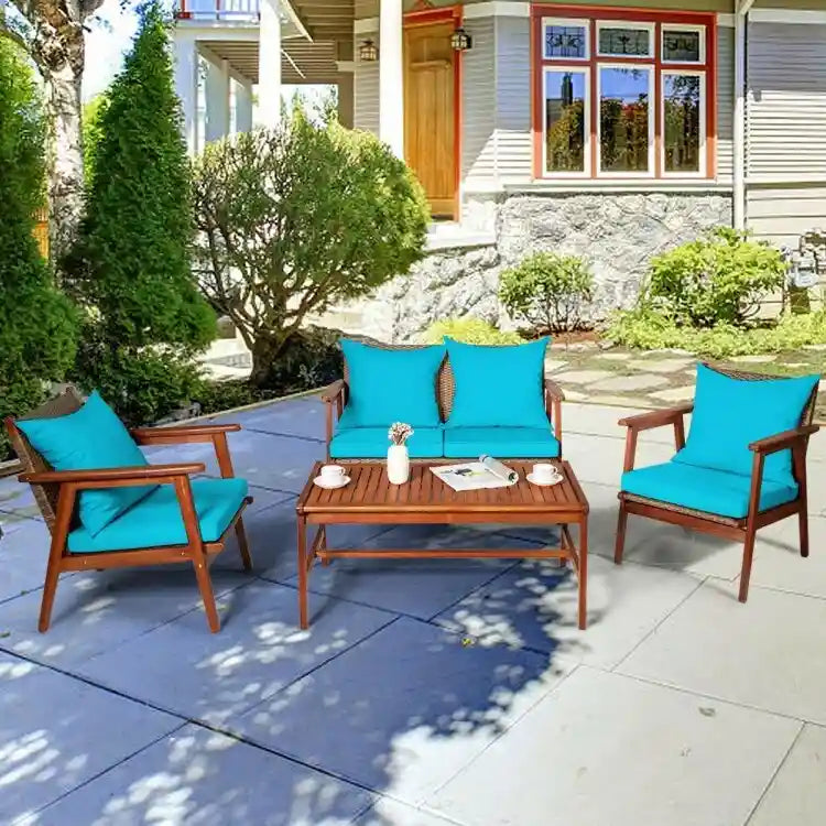 Set da esterno in rattan di acacia a 4 pezzi con cuscini - 45 x 27,5 x 29,5 (L x P x A)