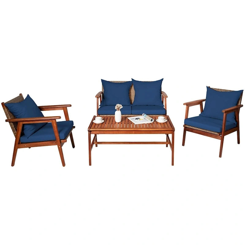 Set da esterno in rattan di acacia a 4 pezzi con cuscini - 45 x 27,5 x 29,5 (L x P x A)