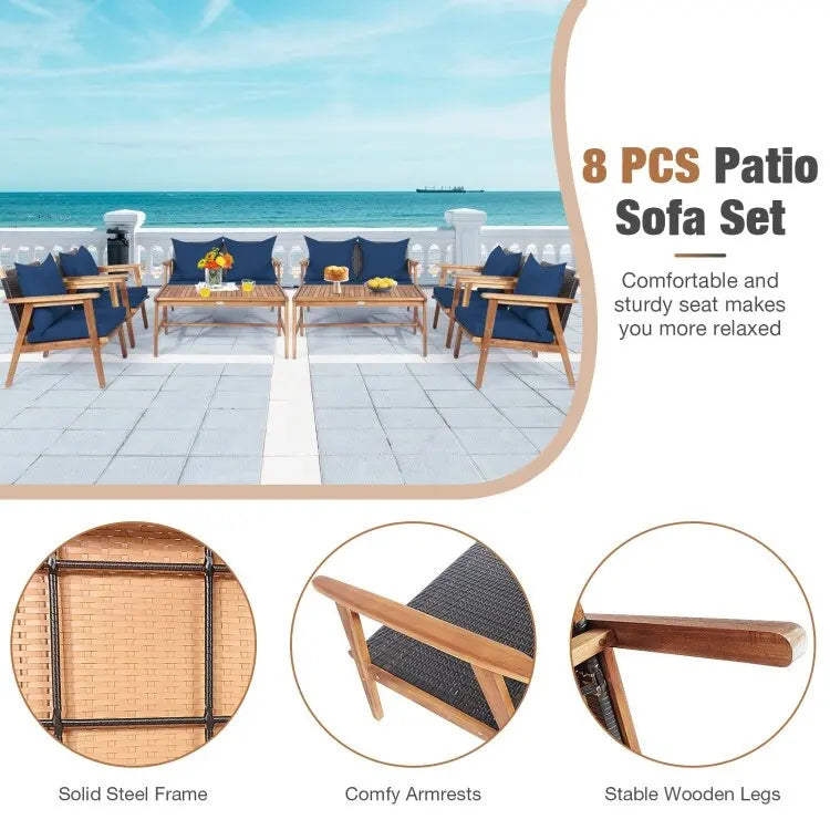 Set da esterno in rattan di acacia a 4 pezzi con cuscini - 45 x 27,5 x 29,5 (L x P x A)