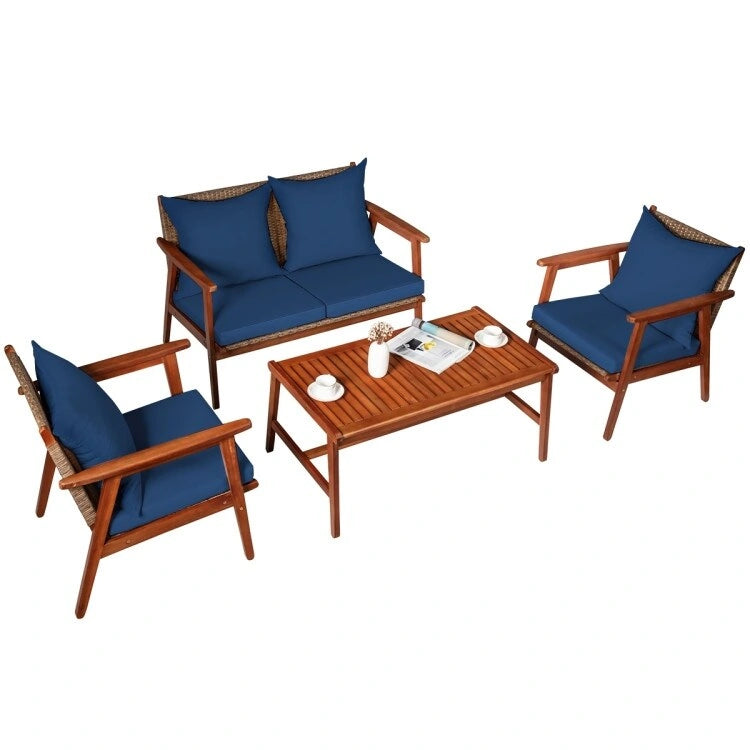 Set da esterno in rattan di acacia a 4 pezzi con cuscini - 45 x 27,5 x 29,5 (L x P x A)