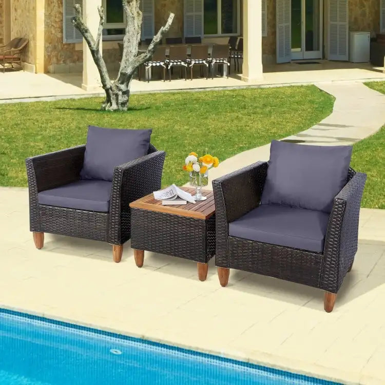 Set Mobili da Esterno 3 Pezzi in Rattan per Bistrò con Piano Tavolo in Legno