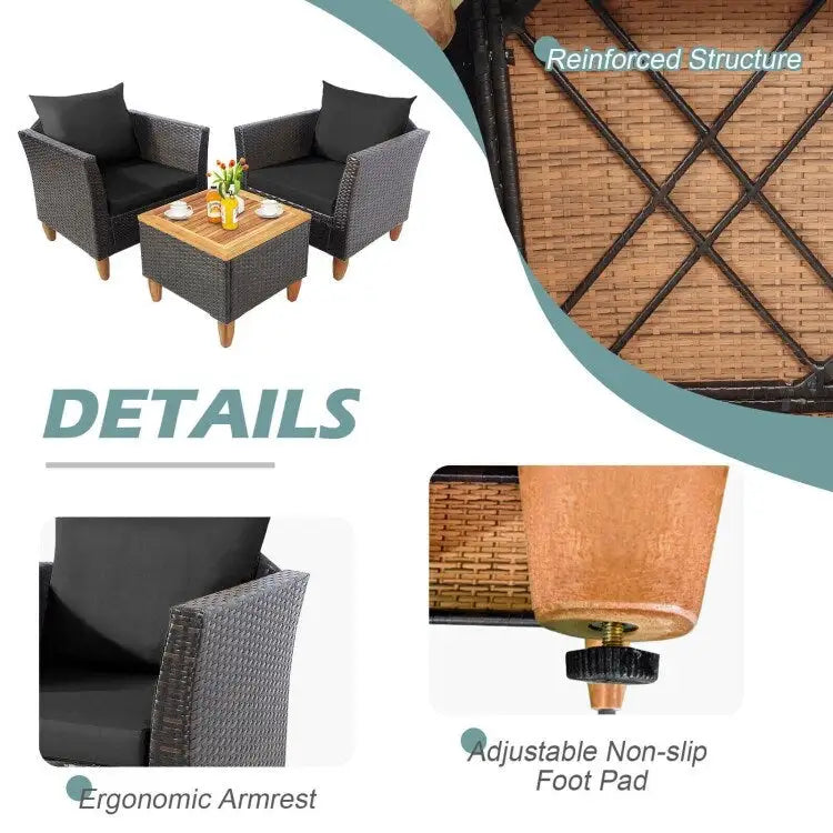Set Mobili da Esterno 3 Pezzi in Rattan per Bistrò con Piano Tavolo in Legno
