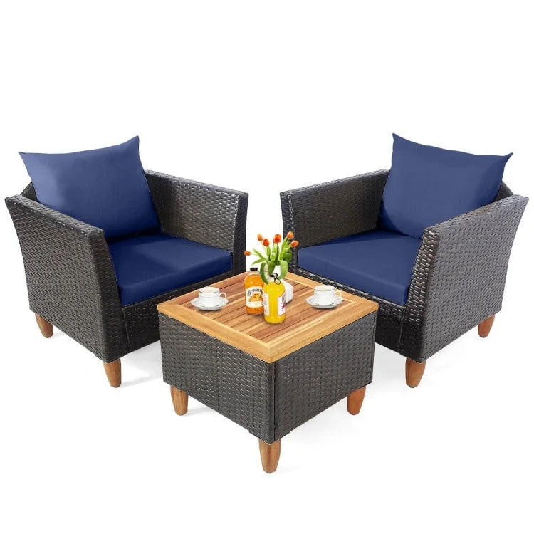 Set Mobili da Esterno 3 Pezzi in Rattan per Bistrò con Piano Tavolo in Legno