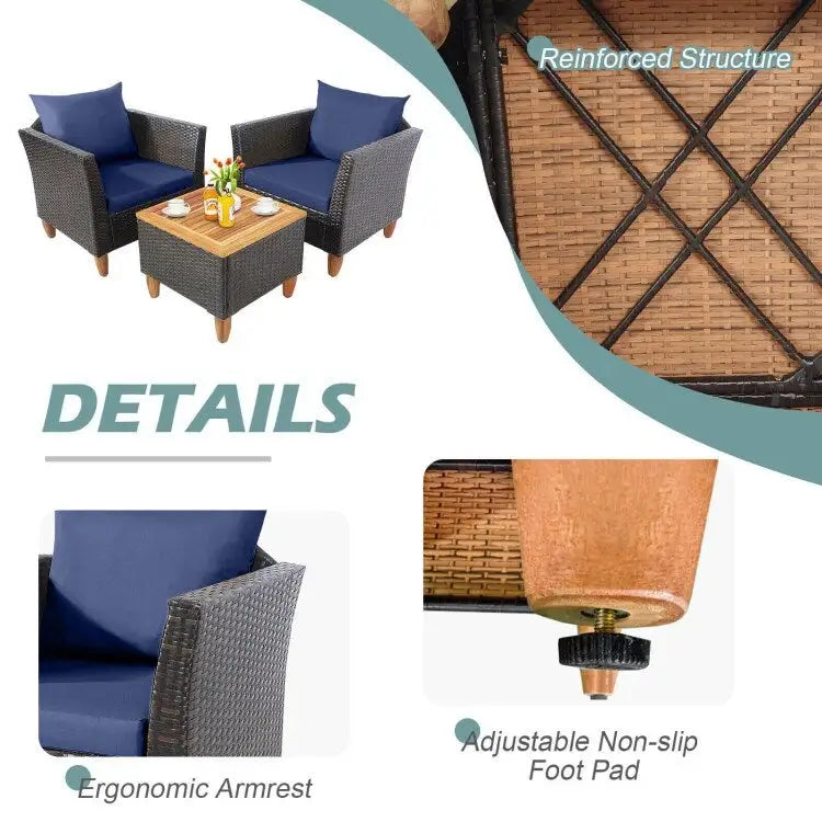 Set Mobili da Esterno 3 Pezzi in Rattan per Bistrò con Piano Tavolo in Legno