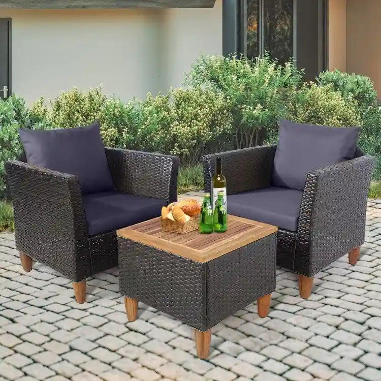 Set Mobili da Esterno 3 Pezzi in Rattan per Bistrò con Piano Tavolo in Legno