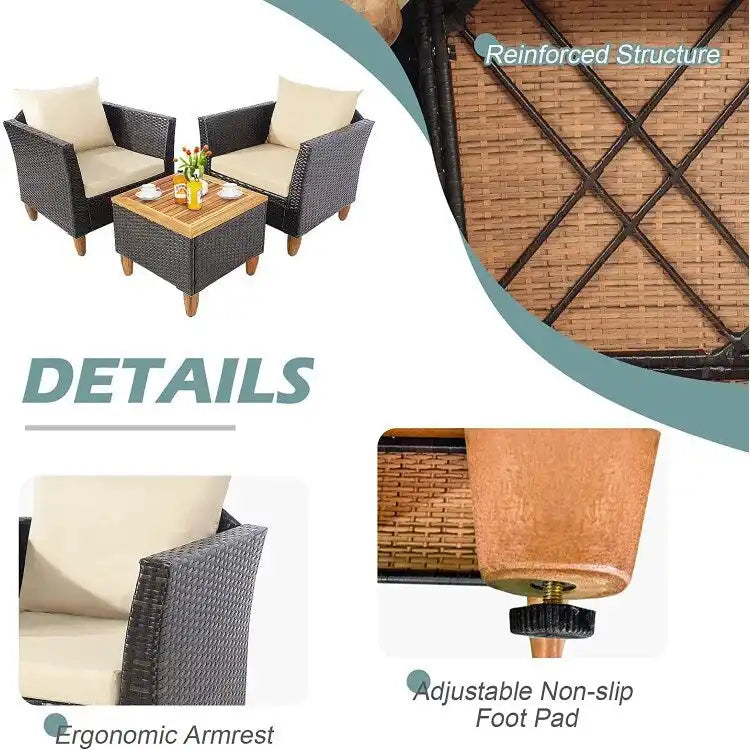 Set Mobili da Esterno 3 Pezzi in Rattan per Bistrò con Piano Tavolo in Legno