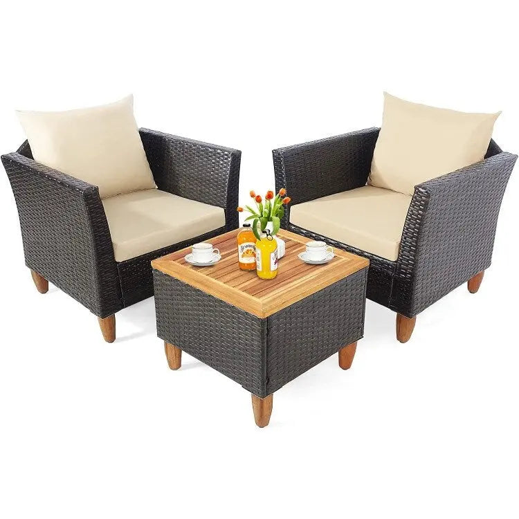 Set Mobili da Esterno 3 Pezzi in Rattan per Bistrò con Piano Tavolo in Legno