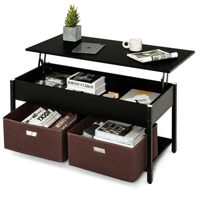 Tavolino da caffè multiuso stile rustico con piano sollevabile e 2 cassetti/contenitori