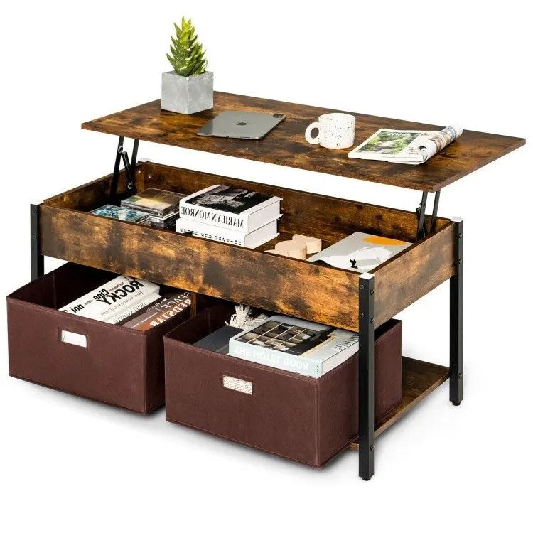 Tavolino da caffè multiuso stile rustico con piano sollevabile e 2 cassetti/contenitori