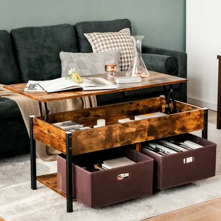 Tavolino da caffè multiuso stile rustico con piano sollevabile e 2 cassetti/contenitori