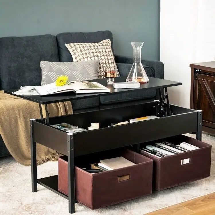 Tavolino da caffè multiuso stile rustico con piano sollevabile e 2 cassetti/contenitori