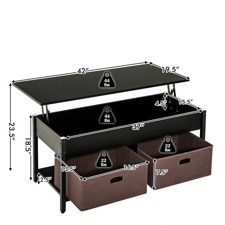 Tavolino da caffè multiuso stile rustico con piano sollevabile e 2 cassetti/contenitori