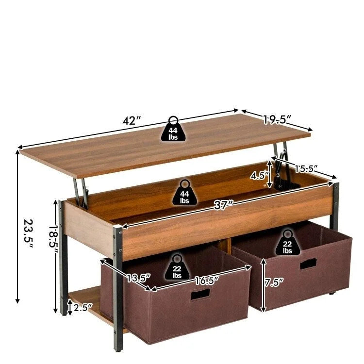 Tavolino da caffè multiuso stile rustico con piano sollevabile e 2 cassetti/contenitori