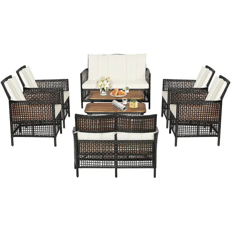 Costway Set Mobili da Esterno in Rattan 8 Pezzi con Sedie Imbottite e Tavolo in Legno - Vedi Dettagli