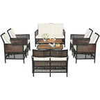 Costway Set Mobili da Esterno in Rattan 8 Pezzi con Sedie Imbottite e Tavolo in Legno - Vedi Dettagli
