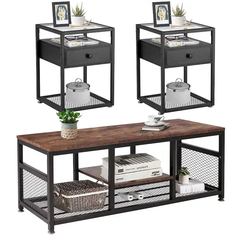 Taomika Set di 3 Tavolini da Caffè Moderni con Mensole, Set Marrone/Nero