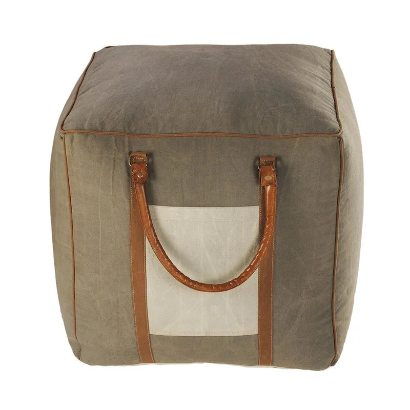 Pouf quadrato ottomano fatto a mano 20 in finta pelle grigio avorio con manici