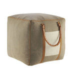 Pouf quadrato ottomano fatto a mano 20 in finta pelle grigio avorio con manici