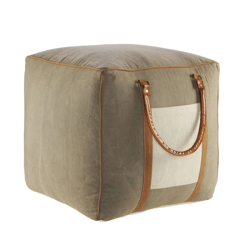 Pouf quadrato ottomano fatto a mano 20 in finta pelle grigio avorio con manici