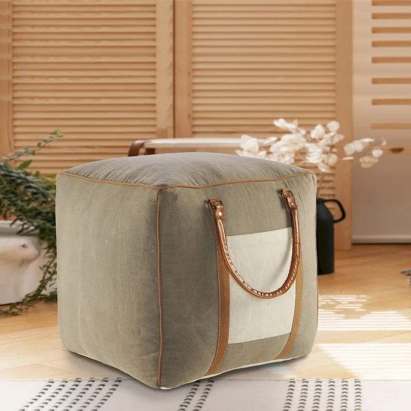 Pouf quadrato ottomano fatto a mano 20 in finta pelle grigio avorio con manici