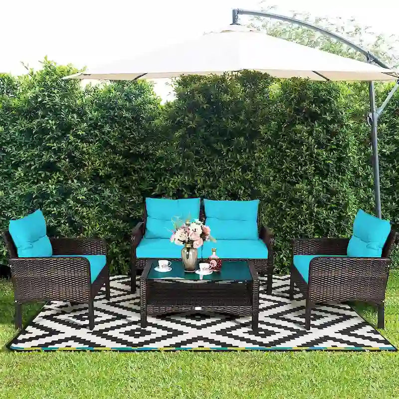 Costway 4PCS Patio Rattan Furniture Set Loveseat Sofa Coffee Table - 28 x26 x29