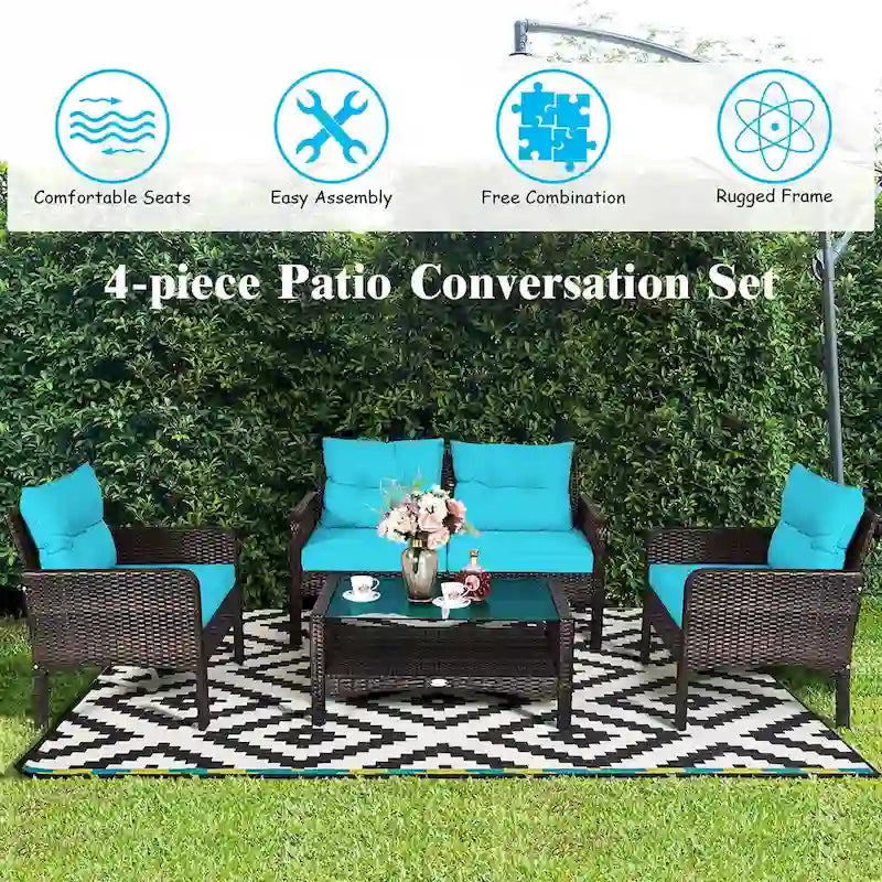 Set di mobili da giardino in rattan a 4 pezzi con divanetto e tavolino da caffè Costway - 28 x 26 x 29