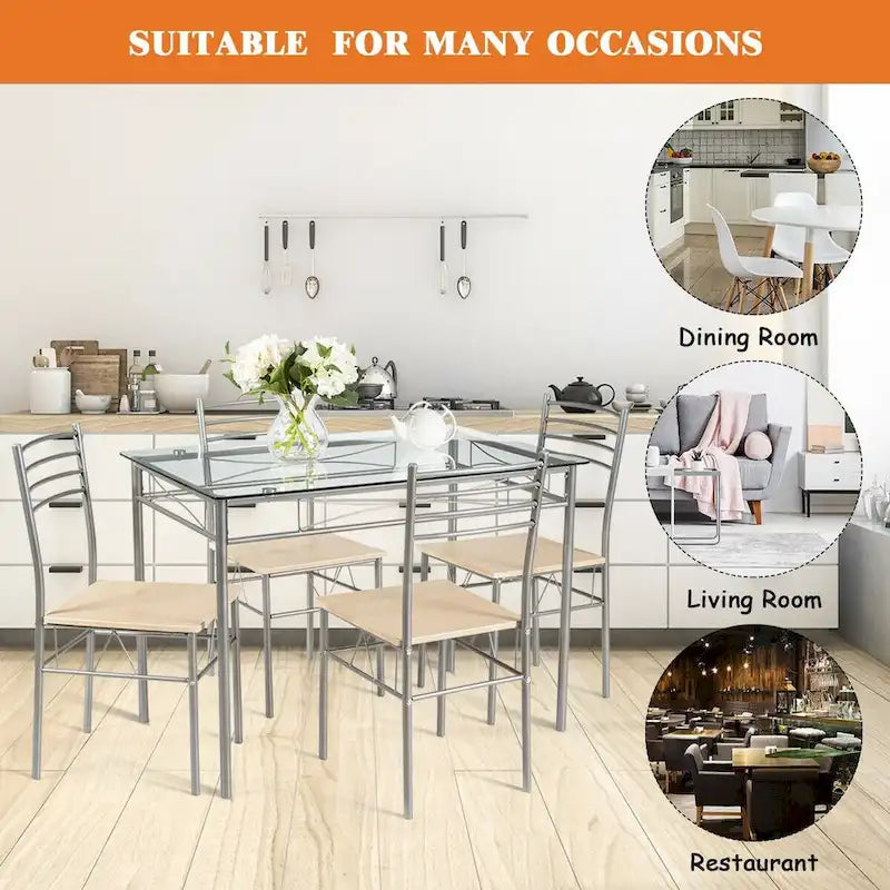 Set da pranzo 5 pezzi Tavolo in vetro e 4 sedie