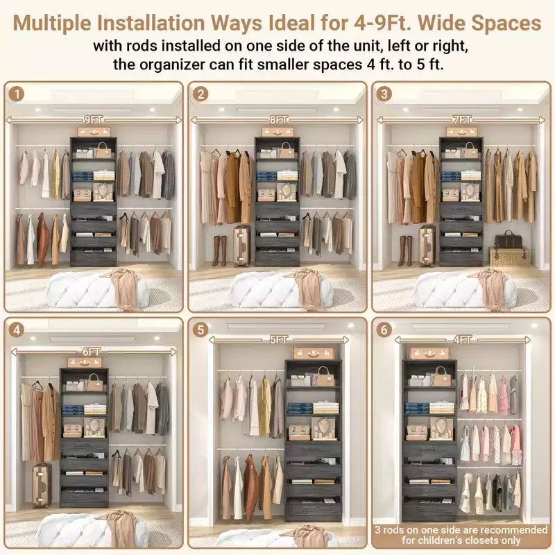 Besiost Sistema Organizer per Armadio in Legno 4-9 piedi con 4 Cassetti, 4 Aste Appendiabiti e Torri Scaffale