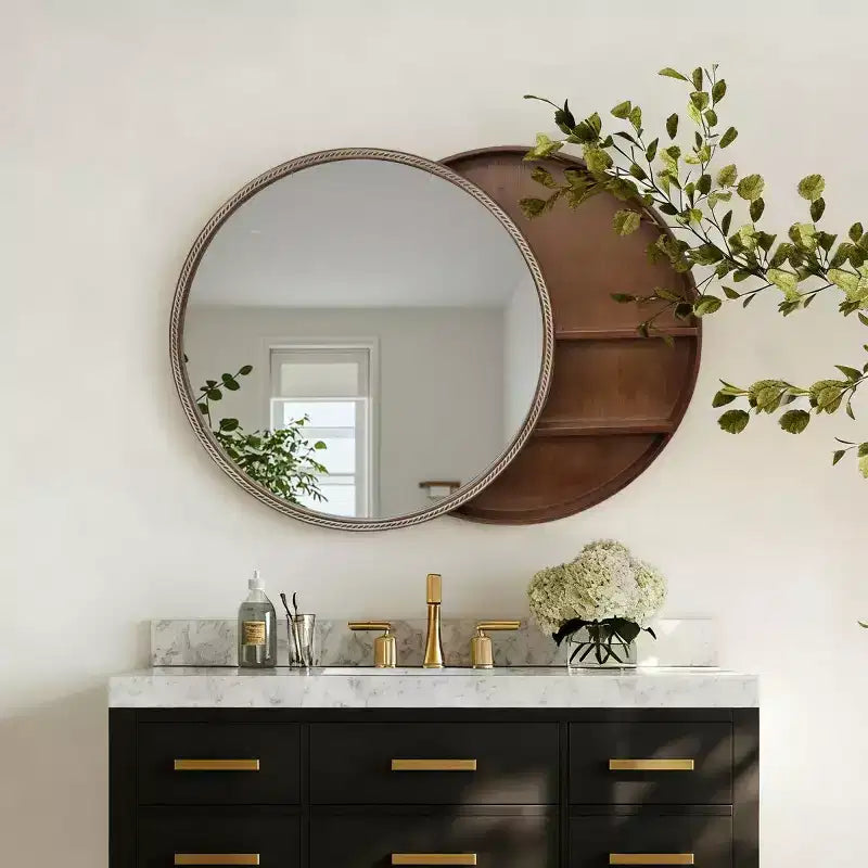 23.6 Specchio rotondo moderno scorrevole con contenitore, Specchio da trucco salvaspazio per bagno, Specchio decorativo per soggiorno