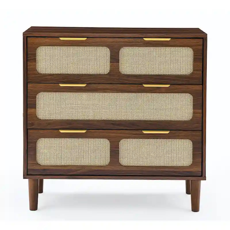 Cassettiera da Fattoria in Legno, Armadio Moderno in Rattan con 3 Ampi Cassetti e Maniglie Metalliche
