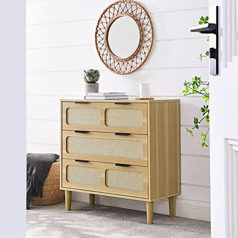 Cassettiera da Fattoria in Legno, Armadio Moderno in Rattan con 3 Ampi Cassetti e Maniglie Metalliche