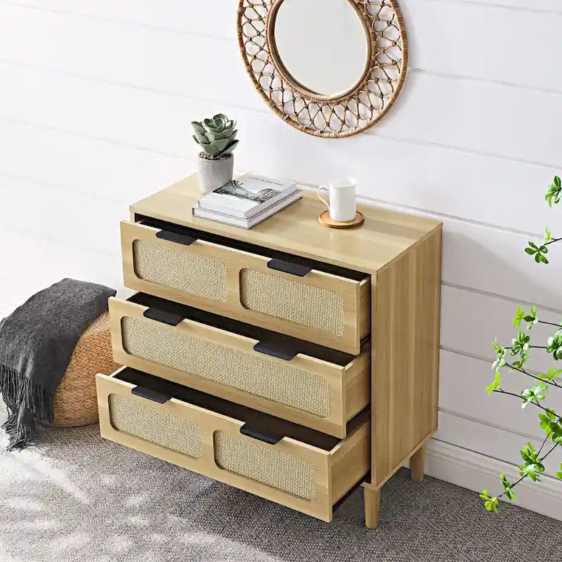 Cassettiera da Fattoria in Legno, Armadio Moderno in Rattan con 3 Ampi Cassetti e Maniglie Metalliche