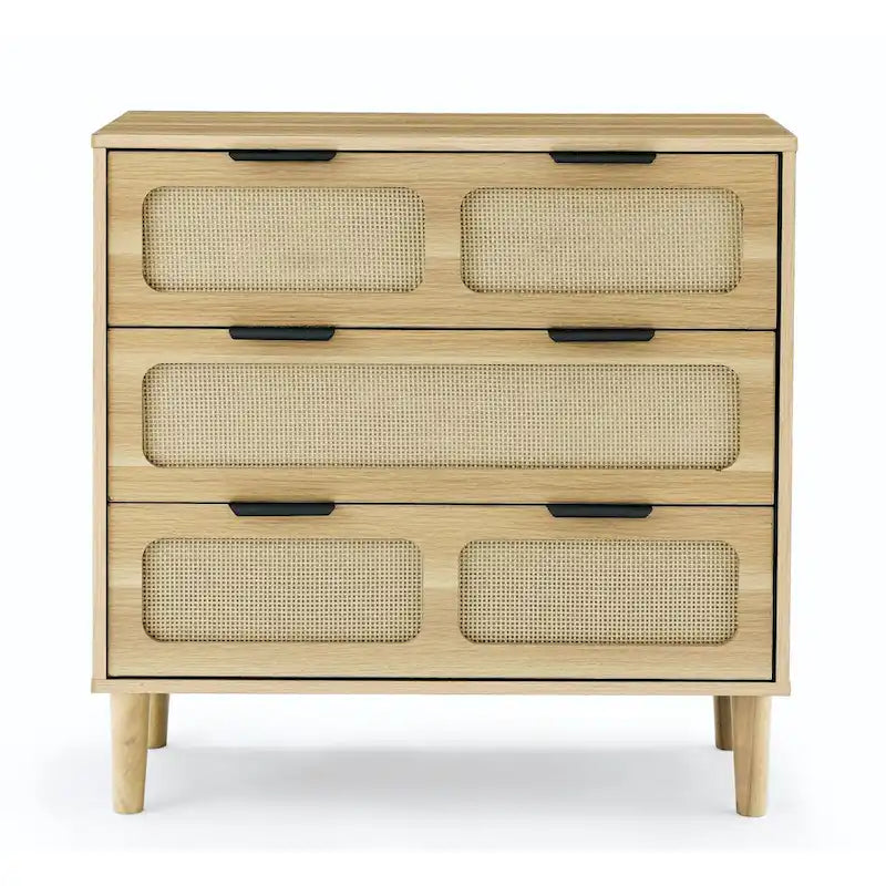 Cassettiera da Fattoria in Legno, Armadio Moderno in Rattan con 3 Ampi Cassetti e Maniglie Metalliche