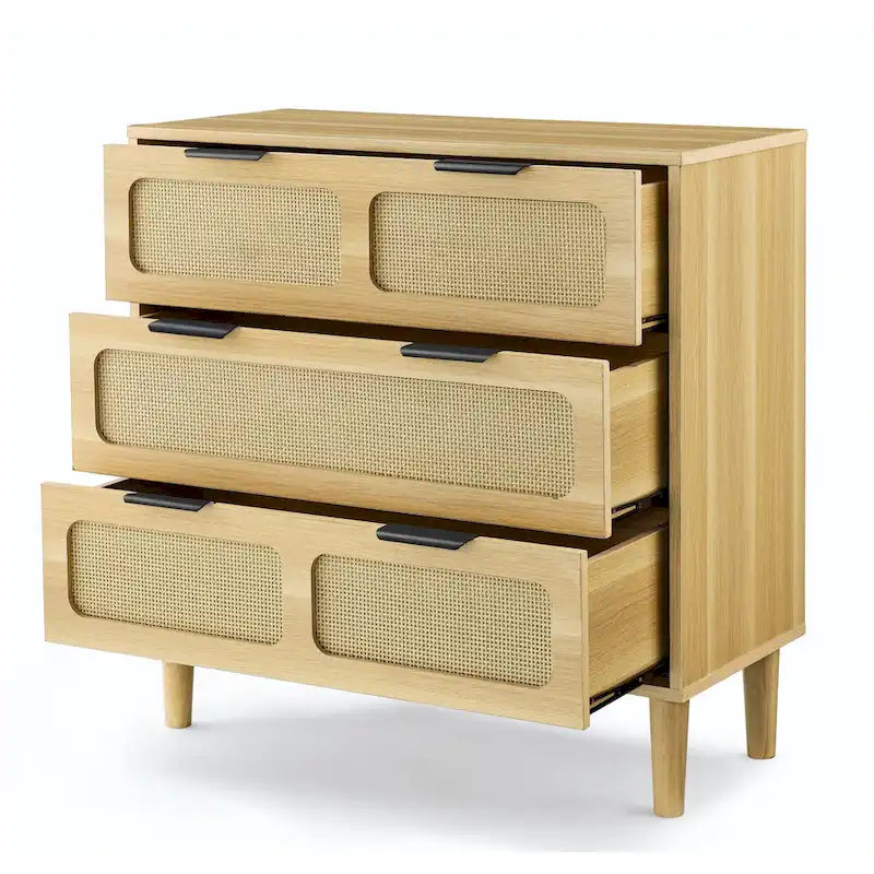 Cassettiera da Fattoria in Legno, Armadio Moderno in Rattan con 3 Ampi Cassetti e Maniglie Metalliche