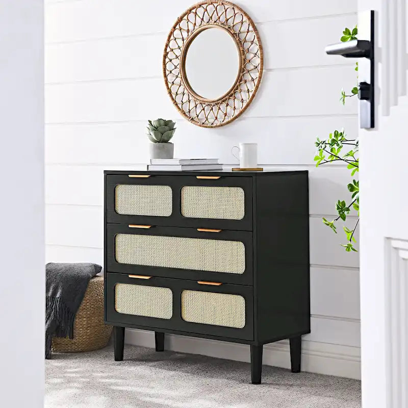 Cassettiera da Fattoria in Legno, Armadio Moderno in Rattan con 3 Ampi Cassetti e Maniglie Metalliche