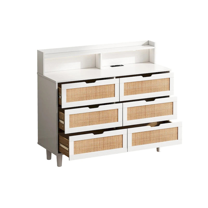 Cassettiera con 6 cassetti in rattan con luci LED e presa di corrente