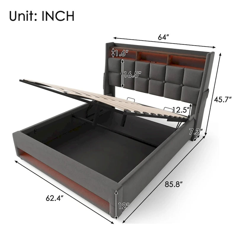 Letto imbottito Queen/Full con sistema di sollevamento idraulico, LED e ricarica USB