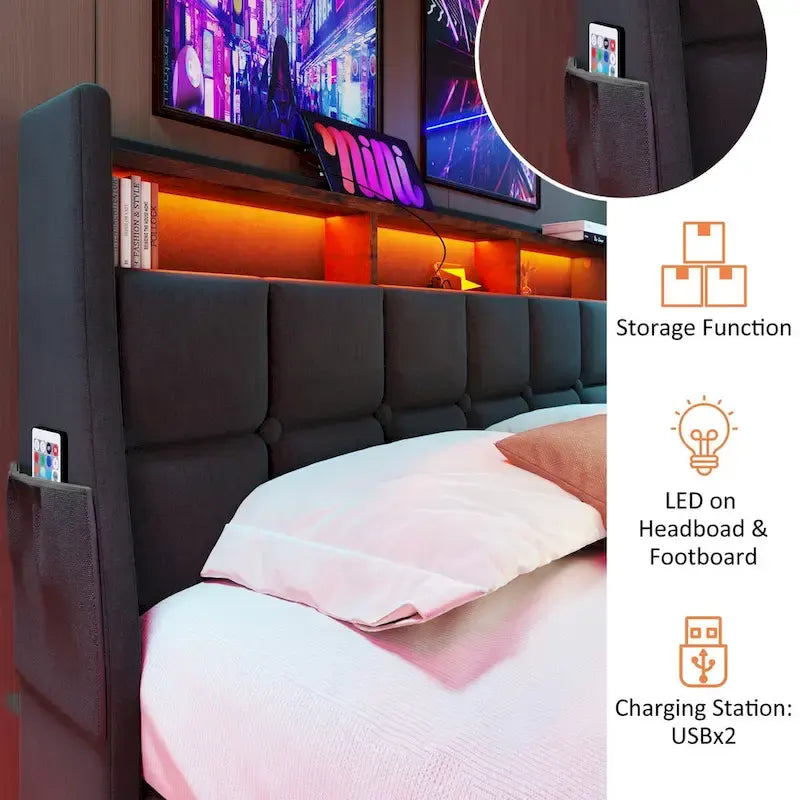 Letto imbottito Queen/Full con sistema di sollevamento idraulico, LED e ricarica USB