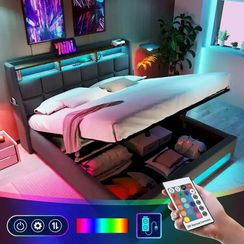Letto imbottito Queen/Full con sistema di sollevamento idraulico, LED e ricarica USB