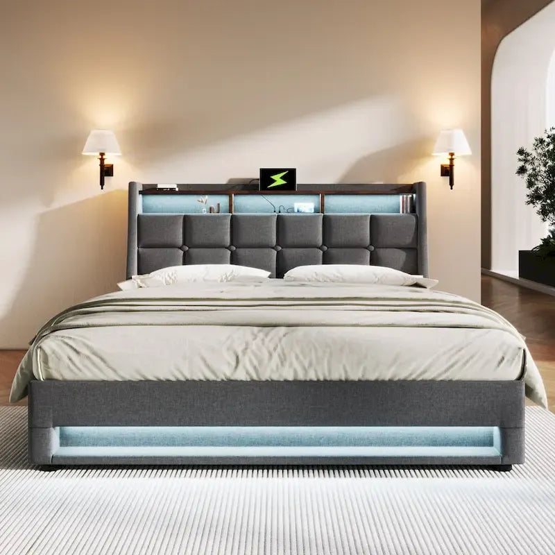 Letto imbottito Queen/Full con sistema di sollevamento idraulico, LED e ricarica USB