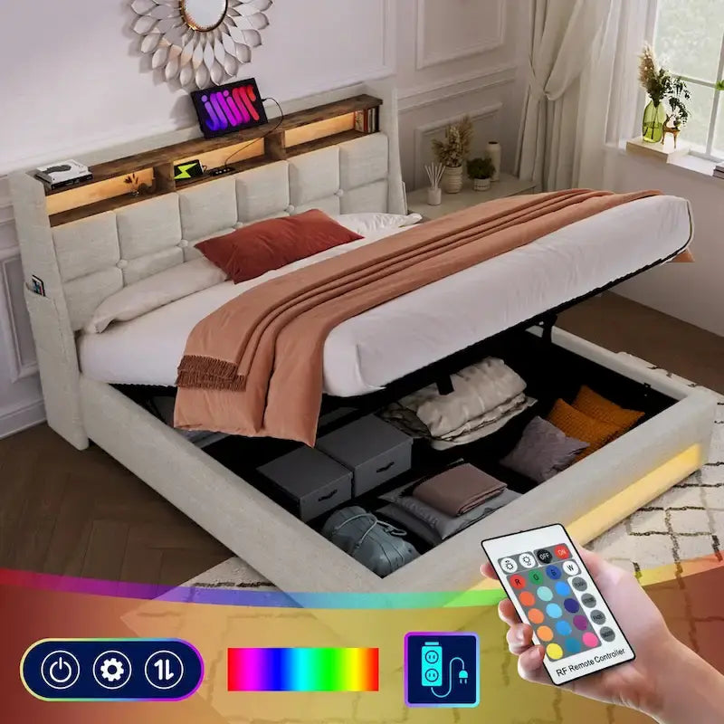 Letto imbottito Queen/Full con sistema di sollevamento idraulico, LED e ricarica USB