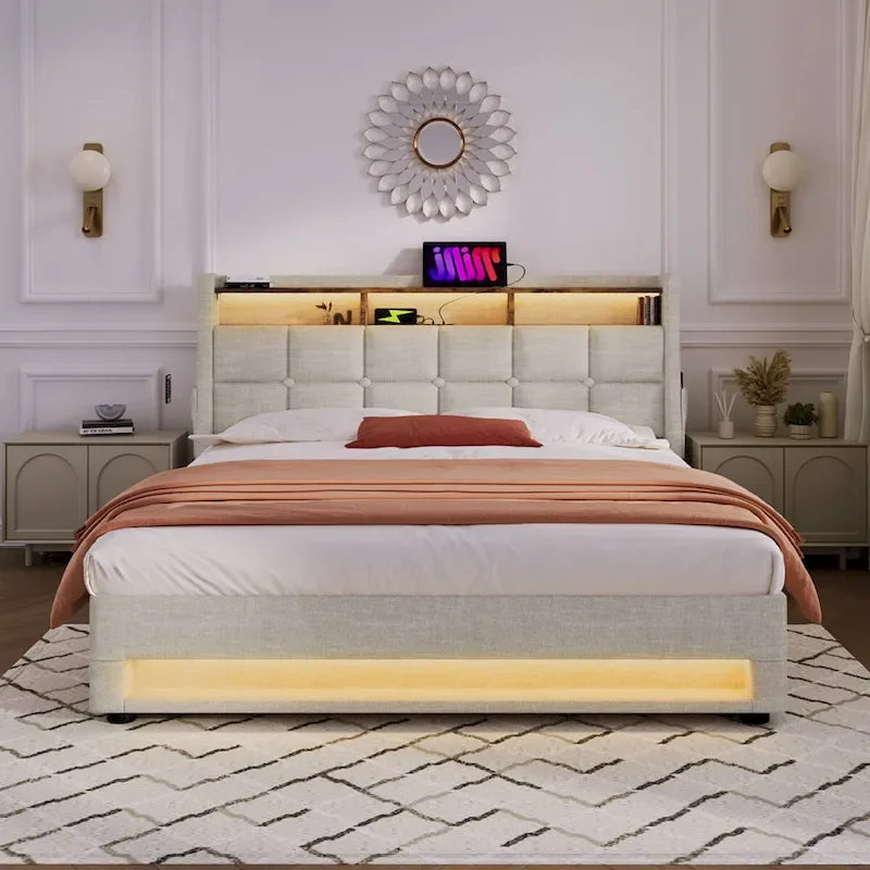 Letto imbottito Queen/Full con sistema di sollevamento idraulico, LED e ricarica USB