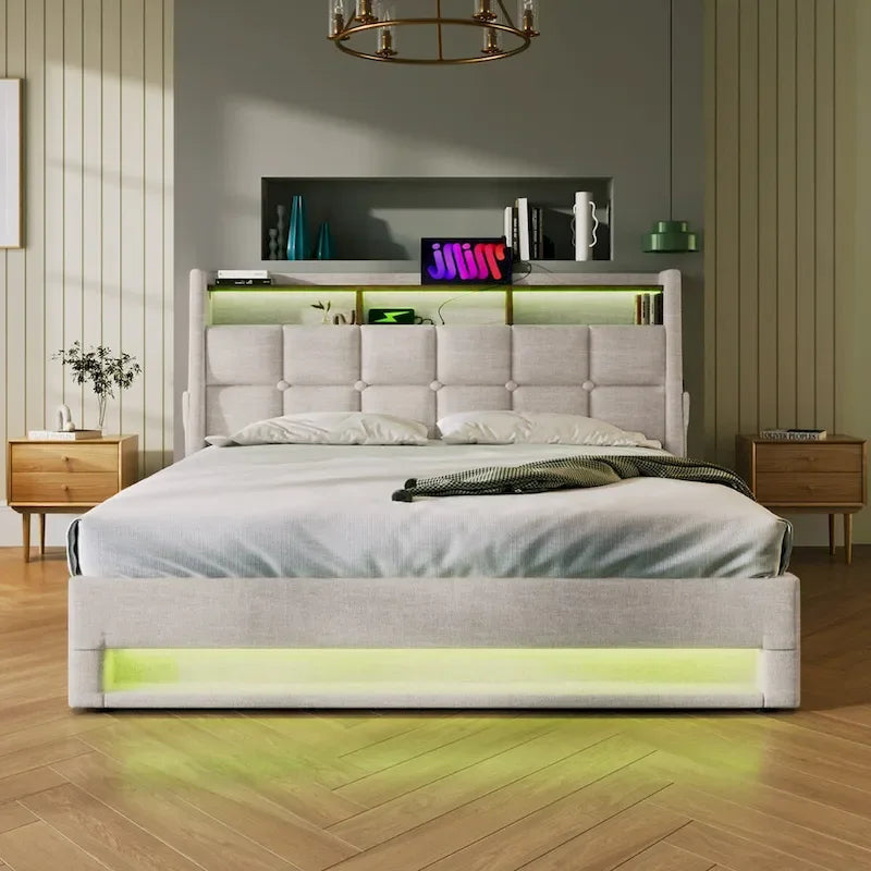 Letto imbottito Queen/Full con sistema di sollevamento idraulico, LED e ricarica USB