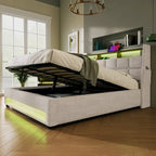 Letto imbottito Queen/Full con sistema di sollevamento idraulico, LED e ricarica USB