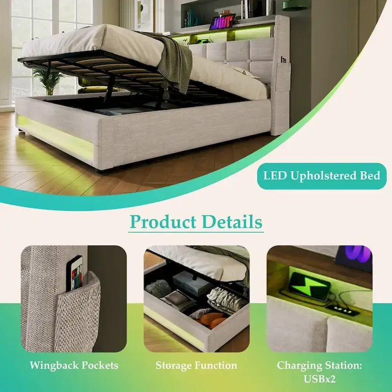 Letto imbottito Queen/Full con sistema di sollevamento idraulico, LED e ricarica USB