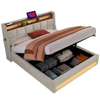 Letto imbottito Queen/Full con sistema di sollevamento idraulico, LED e ricarica USB